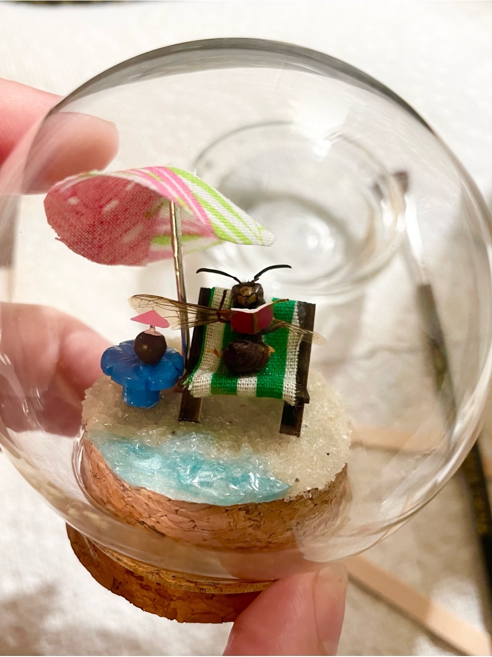Miniature Beach Scene Snow Globe with Bee Figurine